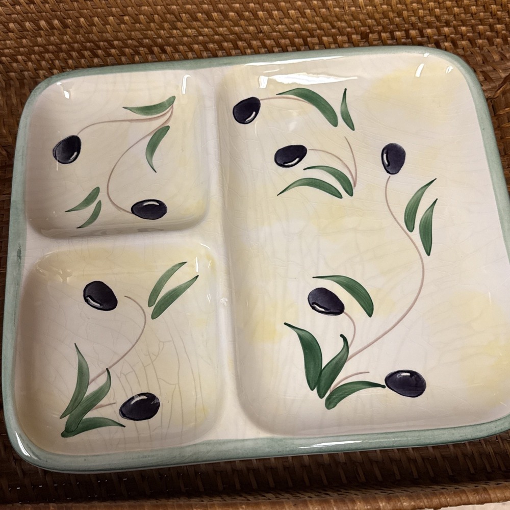 The Cellar "Olive Accents" Porcelain 3 Part Relish Dish Made In Italy - Picture 5 of 14